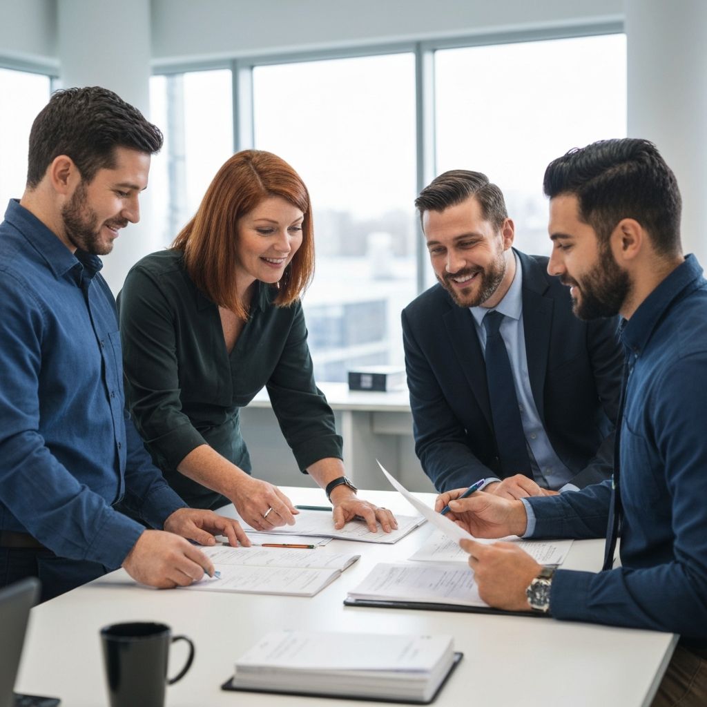 Equipo profesional colaborando en ambiente educativo institucional