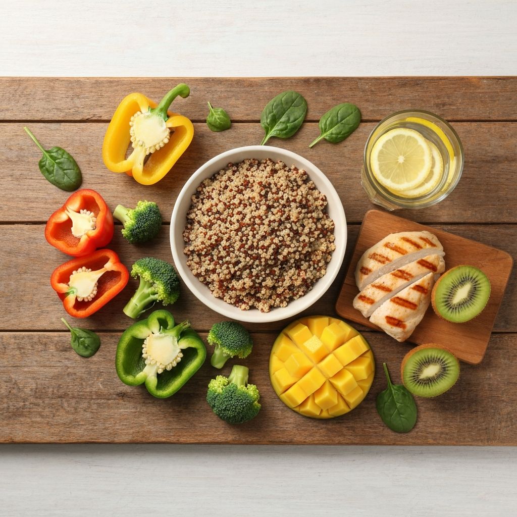 Comida saludable y equilibrada con frutas, verduras, proteínas y granos integrales